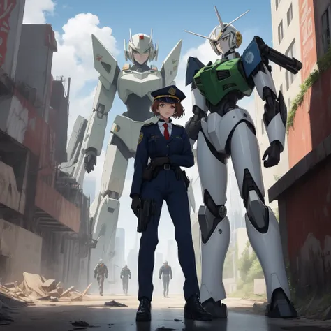 ground_destroyed mecha, destroyed mecha, mecha, brown_hair, jacket, sitting, gloves, long_sleeves, pants, patlabor, 1girl, sky, necktie, yellow_neckwear, riding, shirt, outdoors, police_uniform, collared_shirt, helmet, vest, bangs, day, police, smile, whit...