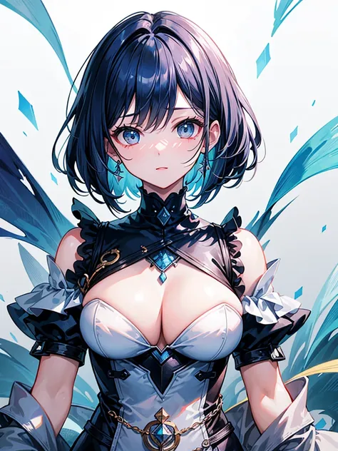 （（（masterpiece、Highest image quality、highest quality、highly detailed unity 8ｋwallpaper）））、（（Illustration of one girl、upper body））、（（（beautiful girl）））、blue hair、stocky build, thickset physique：1.3, broad shoulders, solid chest、（（（big breasts）））、white cloth...