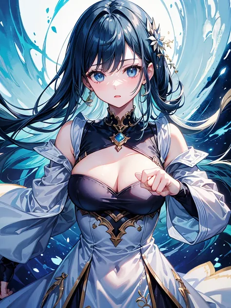 （（（masterpiece、Highest image quality、highest quality、highly detailed unity 8ｋwallpaper）））、（（Illustration of one girl、upper body））、（（（beautiful girl）））、blue hair、stocky build, thickset physique：1.3, broad shoulders, solid chest、（（（big breasts）））、white cloth...