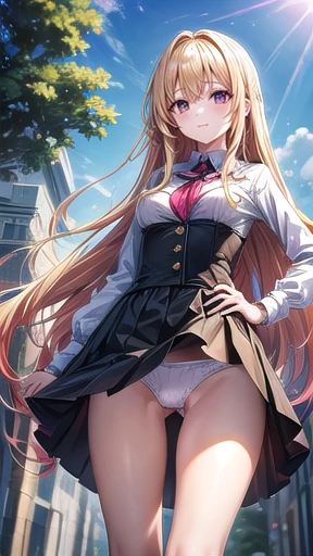 (highly saturated、colorful illustration:1.2)、(long perm hair、golden hair、bright skin:1.2)、(Slender and beautiful legs:1.2)、from below、1 girl, game CG, Girl in schoolgirl uniform, black skirt、white panties、put your hands on your hips、In front of school duri...