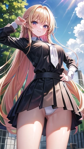 (highly saturated、colorful illustration:1.2)、(long perm hair、golden hair、bright skin:1.2)、(Slender and beautiful legs:1.2)、from below、1 girl, game CG, Girl in schoolgirl uniform, black skirt、white panties、put your hands on your hips、In front of school duri...