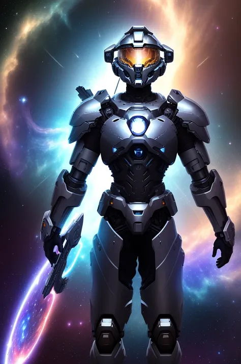 Surrealist Mechanical Chieftain, whole body, Galaxy background highlights the halo in the background