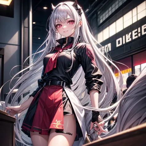 silver hair, long hair, shiny hair, mole under eye, mismatched pupils, red eyes, snake pupils, pink eyes, retina。A nineteen-year-old girl stands on a tall building, She leans forward, Tilt your head, Smiling, Wearing school uniform, Surrealism, cinematic l...