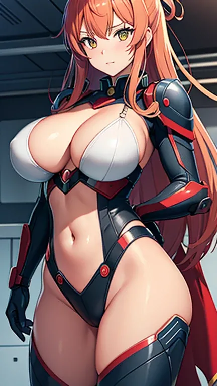 anime (Masou Gakuen HxH), teen lady , sexy (very big boobs), actress (Scarlett Fairchild) ,  yellow eyes , red long hair that is hip / past hip length, ribbon hair ,armor suit robot , She was at the practice room with a group of friends. 