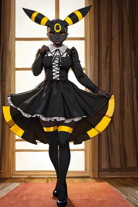 ((Umbreon)), anthropomorphic, big boobs, big ass, pokemorph, (((1girl))), (((black gothic lolita long sleeve dress))), (black stockings), cute and sexy, (black heels), slender, black skin, long legs