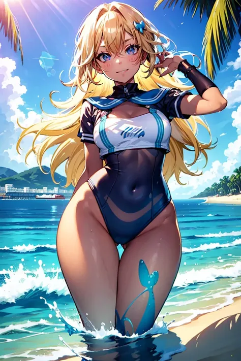 (best quality,In 4K,8K,High resolution,muste piece:1.2),Super detailed,(Reality,photoReality,photo-Reality:1.37),Sailor Hileg Bikini,illustration,Beach background,Clear blue sky,Long Blonde Hair,tanned skin,playful grin,Embarrassingly cute face,Sparkling w...