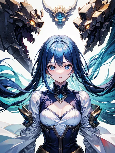 （（（masterpiece、Highest image quality、highest quality、highly detailed unity 8ｋwallpaper）））、（（Illustration of one girl、upper body））、（（（beautiful girl）））、blue hair、stocky build, thickset physique：1.3, broad shoulders, solid chest、（（（small breasts、cliff）））、whi...