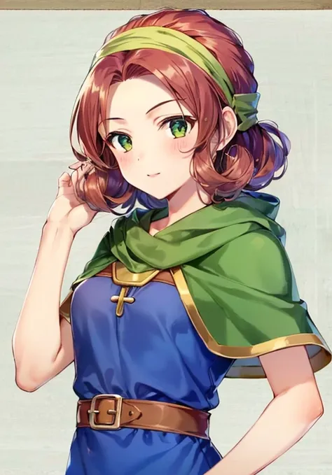 ((Maribel)),Maribel in dq7,((dragon quest vii)),1girl,curly hair,dress,green eyes,head scarf,hood,long hair,red hair,