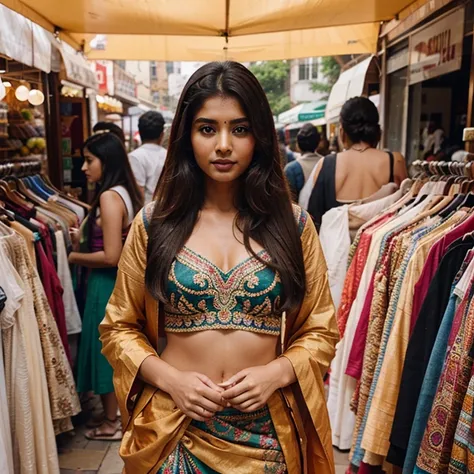 lovely cute young attractive indian girl, brown eyes, gorgeous actress, 23 years old, cute, an Instagram model, Indian, wearing A vibrant and intricate traditional dress adorned with colorful patterns and delicate embroidery, set against a bustling marketp...