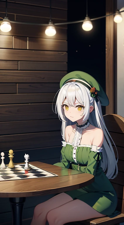 This is an anime image that shows two characters playing chess. Their faces are blocked. One of the characters has distressed white hair and has a green dress with a red spiral on his sleeve, reminiscent of one of the popular anime characters. The other ch...