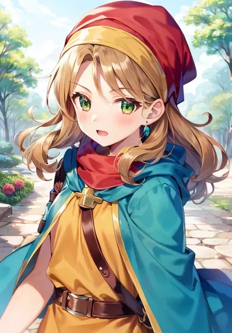 Maribel(dq7),((dragon quest vii)),1girl,curly hair,dress,green eyes,head scarf,hood,long hair,red hair,Orange and Green clothing