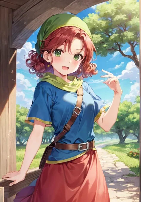 Maribel(dq7),((dragon quest vii)),1girl,curly hair,dress,green eyes,head scarf,hood,long hair,red hair,Orange and Green clothing