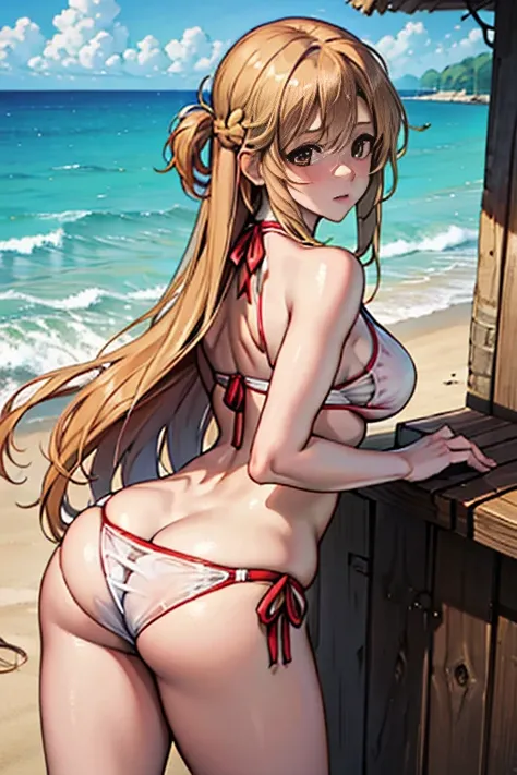 (Masterpiece, best quality, illustration), digital art, Asuna (SAO), in white bikini, ((see-through bikini)), (visible ass), back view, (soaked panty), (perfect round ass), slightly atheletic back, slim body, long blonde hair, blushing face, looking back, ...