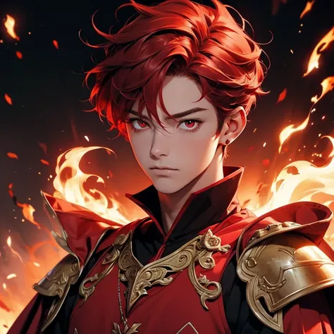 red hair, 1 boy, red prince dress, red eyes, fire magical power