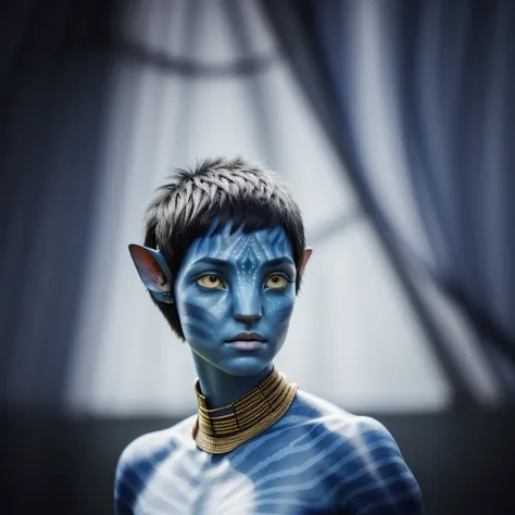 avtr:1.1, avatar style, portrait:1.6, 1girl, female, (blue skin tone:1.0), (short hair:1.0), one pair of pointy ears:1, pixie cu...