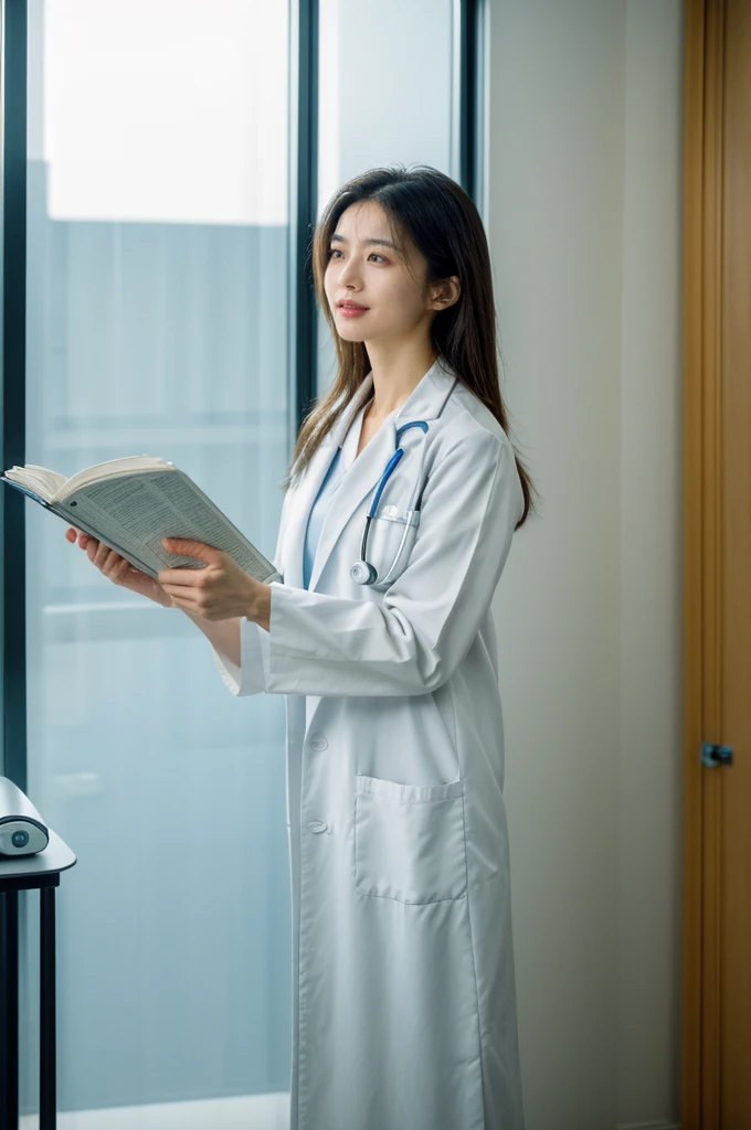 A beautiful female doctor in a professional clinic, with a crisp white lab coat, stethoscope around her neck, and a warm smile on her face. The doctor has well-defined eyes, a perfectly shaped nose, and luscious lips. Her eyes are captivating and convey co...