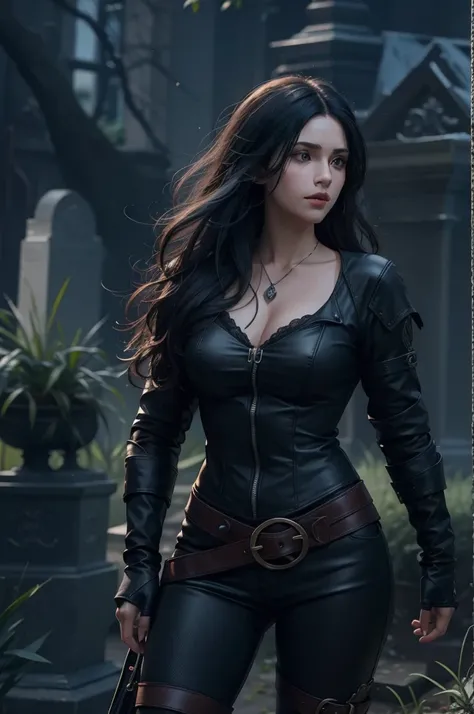 Beautiful woman reminiscent of Yennefer the Witcher with long black hair and bright purple eyes, masterpiece, super high quality, 8K, Hair falls on the shoulders, Cemetery in the background, She wears a tank top.