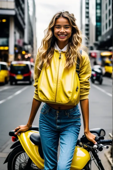 (panoramic), realistic, showing a cheerful delivery girl riding a yellow motorcycle. She is depicted as a cute, optimistic girl with a happy smile, enduring the hard work of daily deliveries without complaint. Dressed in standard work attire, she navigates...