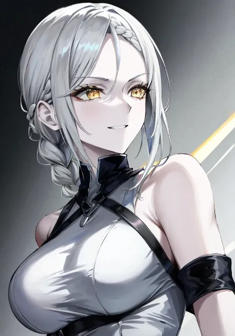 claymore (series),ophelia(claymore),1girl,Solo,pale white skin,silver hair,forehead,swept back hair,hair pulled back,single braid,long and large braid,yellow eyes,grey bodysuit,grey gloves,collarbone,pauldrons,evil smile