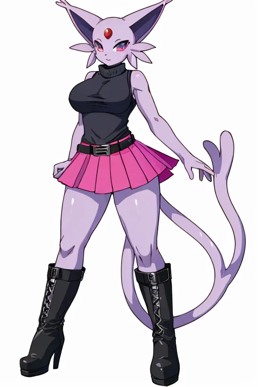 ((Espeon)), anthropomorphic, big boobs, big ass, pokemorph, (((1girl))), (((white sleeveless turtleneck shirt)), (pink skirt), (black belt), cute and sexy, (white heeled boots), slender, purple skin, long legs