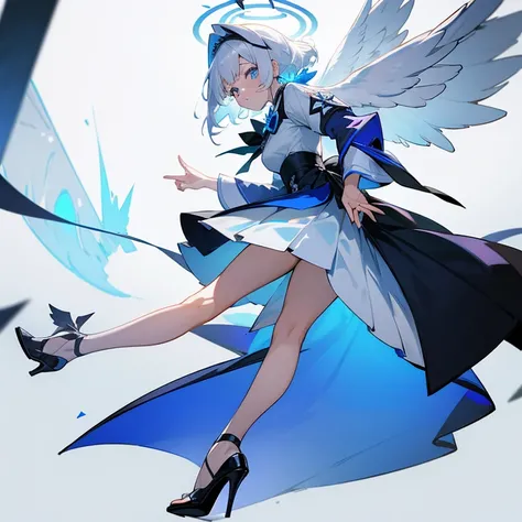 first place girl，white hair，blue pupils，There is always a halo above the head，A pair of wings on the back。Wearing a blue and white skirt。Wear high heels on your feet。Two dimensions