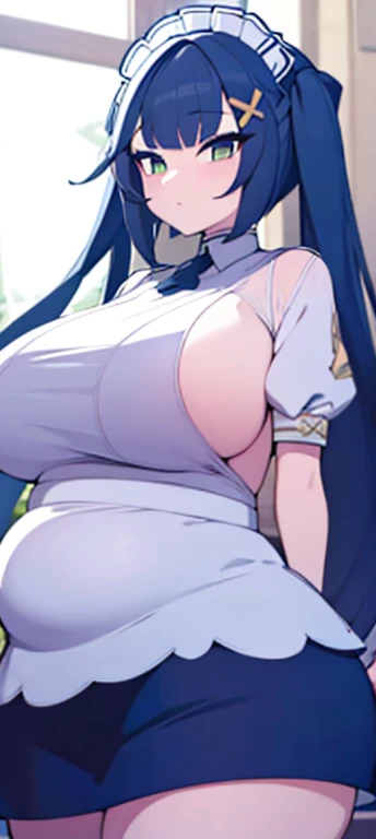 very long hair, thicc, very big breast, maid dress, big belly