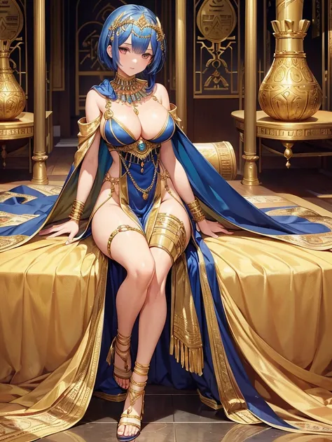 masterpiece, best quality, ultra-detailed, 
1girl,rem,re zero, dark blue hair, Short hair, 
Cleopatras Enchantment
Egyptian Gown,A floor-length
form-fitting gown made ofluxurious
fabrics like silk or satin, with a daring high
slit to accentuate the legs
Ad...