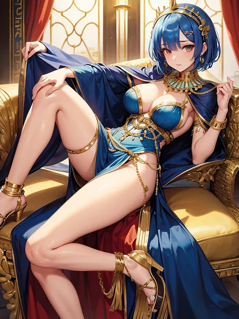 masterpiece, best quality, ultra-detailed, 
1girl,rem,re zero, dark blue hair, Short hair, 
Cleopatras Enchantment
Egyptian Gown,A floor-length
form-fitting gown made ofluxurious
fabrics like silk or satin, with a daring high
slit to accentuate the legs
Ad...