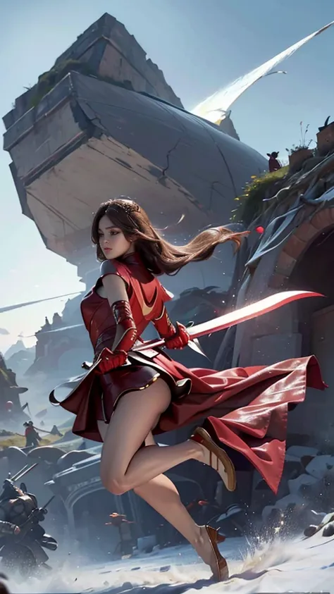 Woman in red silver dress, ((run)), Fight monsters, Immersive art station, ศิลปะFantasyที่มีรายละเอียด, Amazing character art, Excellent and neat character art, beautiful armor, very detailed, red armor girl, Exquisite headdresses and ornaments, (best qual...