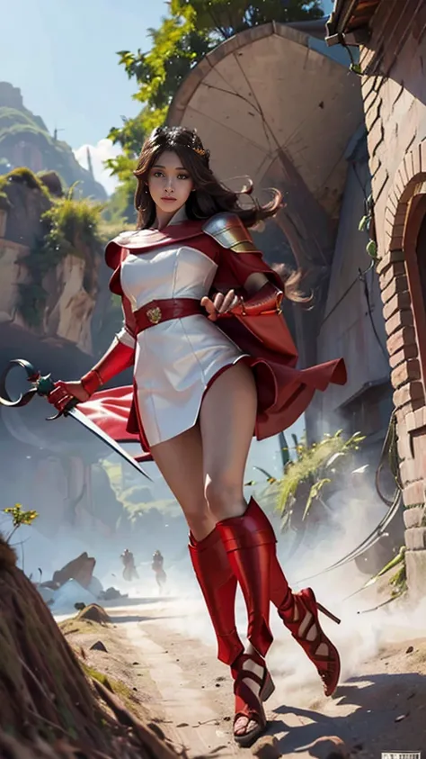 Woman in red silver dress, ((run)), Fight monsters, Immersive art station, ศิลปะFantasyที่มีรายละเอียด, Amazing character art, Excellent and neat character art, beautiful armor, very detailed, red armor girl, Exquisite headdresses and ornaments, (best qual...