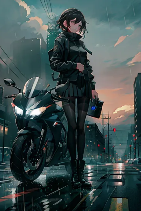 f:\\aixunlianji\\swav\\10 swav, motor vehicle, rain, black jacket, jacket , multiple girls, skirt, 2girls, thighhighs, outdoors ...