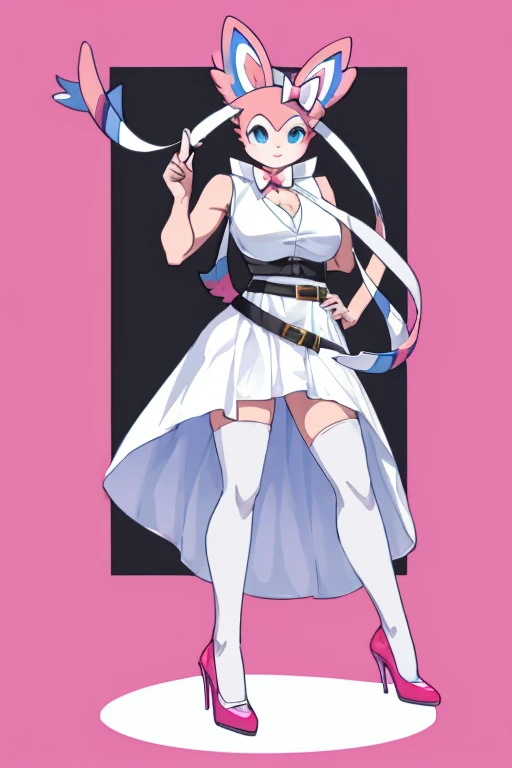 ((Sylveon)), anthropomorphic, big boobs, big ass, pokemorph, (((1girl))), (((white sleeveless flowing dress)), (pink cropped short sleeved jacket), (black belt), (black stockings) cute and sexy, (pink heels), slender, white skin, long legs