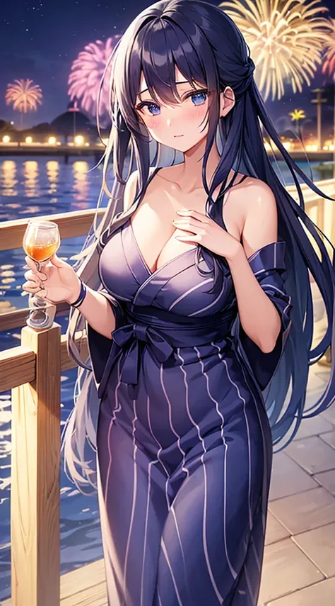 1 girl、dark blue hair、long hair down to the waist、dark blue eyes、cute、blush、night、along the river、Fireworks Festival、white yukata、Slut、big breasts、Open yukata