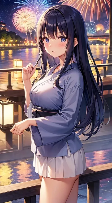 1 girl、dark blue hair、long hair down to the waist、dark blue eyes、cute、blush、night、along the river、Fireworks Festival、white yukata、Slut、big breasts、Open yukata