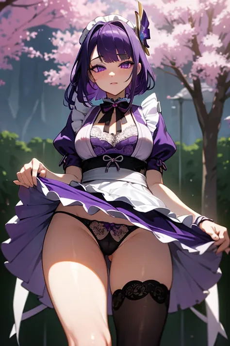 Purple hair, violet eyes, shogun raiden genshin, maid, fanservice, solo, upskirt, wet, maid raising her skirt, thick, lingerie, lewd