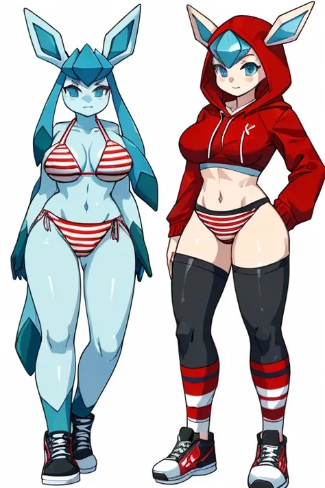 ((Glaceon)), anthropomorphic, big boobs, big ass, pokemorph, (((1girl))), (((red and white striped Bikini))), (red and black striped zip-up hoodie), (black stockings), (white sneakers), full body, cute and sexy, icy blue skin, (red and white striped bikini...