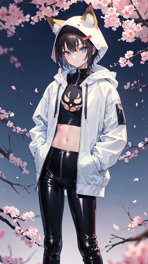 masterpiece,highest quality,fox boyish girl,He is wearing a large oversized hoodie and has his hands in his pockets.,wearing long black tights,latex pants with zipper zipper is open,very clear light blue eyes,short hair,Moe sleeves,The image color is match...