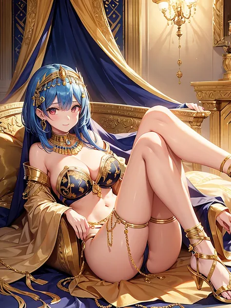 masterpiece, highest quality, super detailed, 
1 girl,Rem,Re Zero, dark blue hair, short hair, fearless smile,belly button,cute,beautiful,
Cleopatra&#39;s enchanting Egyptian dress,Made from luxurious fabrics such as silk and satin、fitted floor-length gown...