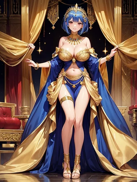 masterpiece, highest quality, super detailed, 
1 girl,Rem,Re Zero, dark blue hair, short hair, fearless smile,belly button,cute,beautiful,
Cleopatra&#39;s enchanting Egyptian dress,Made from luxurious fabrics such as silk and satin、fitted floor-length gown...