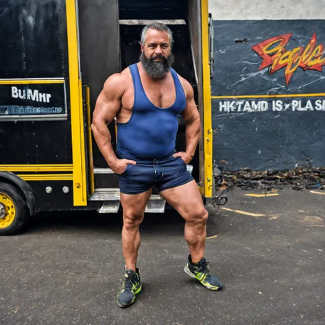 A portrait full body fotograph A tractive mid age heavy trucker-driver, calvo fuerte, Muscular, culturista peludo con gran barriga,  showing very hairy groin area, realistic epic, foto, despondent, colores neutros, ((((HDR)))), Colores apagados, escena int...