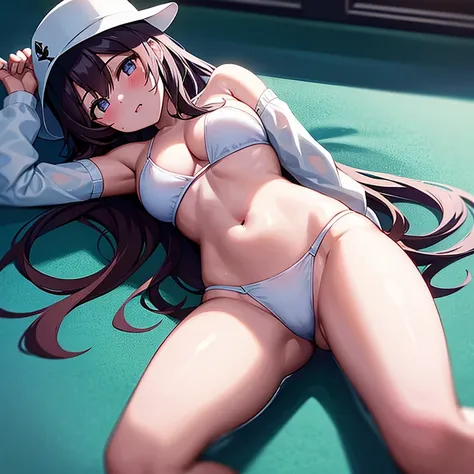 (masterpiece, best quality）a girl，white bikini，lying on white bed，spread legs，detail，soaking wet，get wet，blush，Awkward，Fear，Wear a coat，wearing a hat