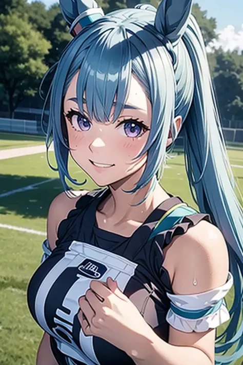 mejiro aldan、uma musume、light blue hair(ponytail)、purple eyes、beautiful skin、horse ears、horse tail、dripping sweat、smile、full bre...