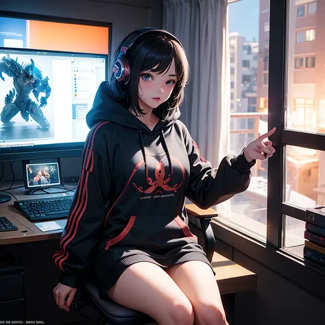 1 gamer girl, playing games, sitting, room, large breasts, hoodie, wearing hood, cag headphones, focused, (dim-lit room),((nighttime:1.5)), {correct posing}, {minute details} {extremely beautiful and delicate anime face and eyes}, {from front:0.8}, ((maste...