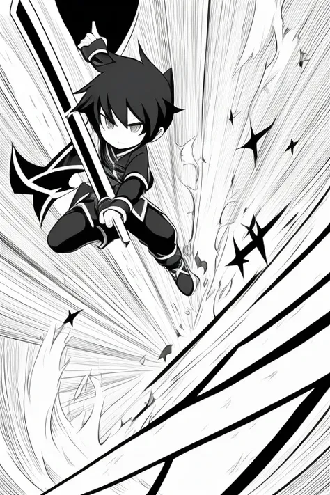 Cartoon，black and white lines，swordsman，The shuriken sword turns into a mouse and keyboard，hansome，male，