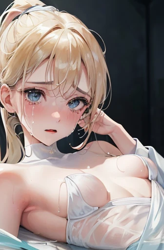 Blonde ponytail, falling gently over the shoulders, revealing a face framed by no curly hair and bright blue eyes. The skin is white as porcelain, a slight sheen covering every inch from the heat and exertion. Small breasts rest beneath the surface, uncove...