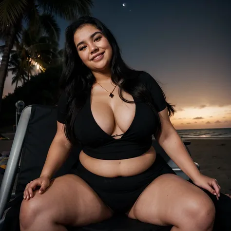 Chubby fat bbw nerdy latina young woman (20 years old), chubby belly, long straight black hair, wearing sexy black dress, Golden necklace, sitting on a beach chair, on the beach, at night,with several tall men, 4 men, in nigth  club, dark lights, smiley ex...