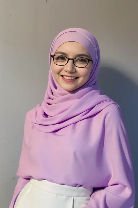 photography, young woman with smile face, petite body, over the shoulder pose, long pastel white shawl with purple baju kurung, wide-frame glasses, background digital art graffiti on black wall, ultra details any aspect of drawing, UHD 8K