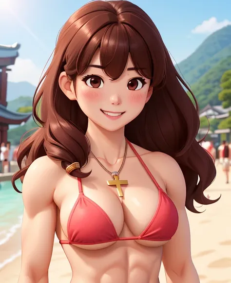 attractive korean woman, ripped muscle, muscular body, small breast, pale skin, smile(blush), bikini, cross necklace, sixpack abs, [ultra detailed skin:1.2], brown hair, wavy hair, 8k uhd, pussy, full body, crowd, public, temple, standing,