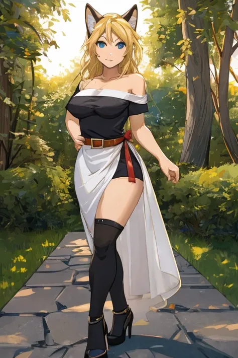 fox, anthropomorphic, big boobs, big ass, pokemorph, (((1girl))), (((white short sleeve shoulderless dress))), (black belt), (black stockings), (white heels), full body, cute and sexy, blonde fur, (black skirt), long legs