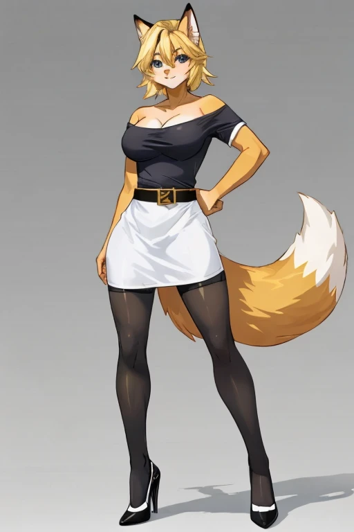 fox, anthropomorphic, big boobs, big ass, pokemorph, (((1girl))), (((white short sleeve shoulderless dress))), (black belt), (black stockings), (white heels), full body, cute and sexy, blonde fur, (black skirt), long legs